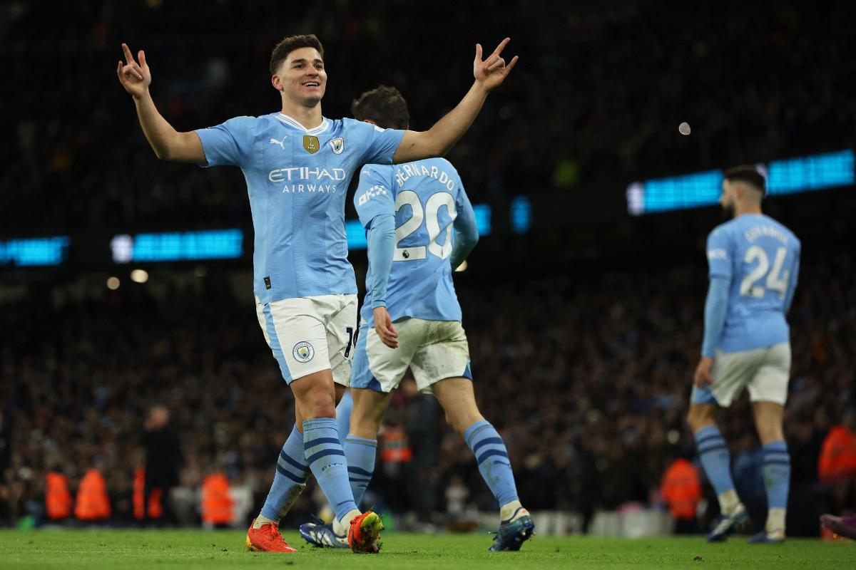 Manchester City's Julian Alvarez celebrates scoring their second goal against Sheffield United at Etihad Stadium, Manchester 