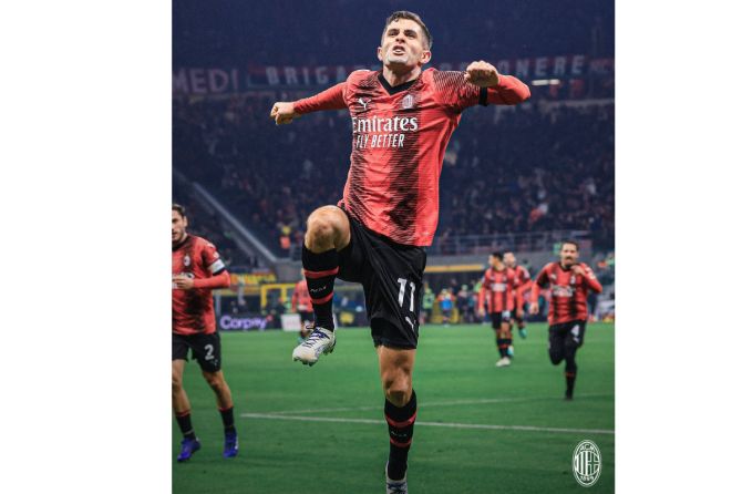 AC Milan's Christian Pulisic celebrates on scoring the winning goal against Sassuolo at the San Siro in Milan