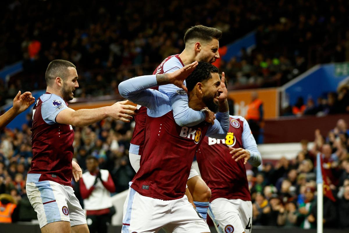 Aston Villa's Douglas Luiz celebrates his goal with teammates duing their match against Burnley at Villa Park, Birmingham. 