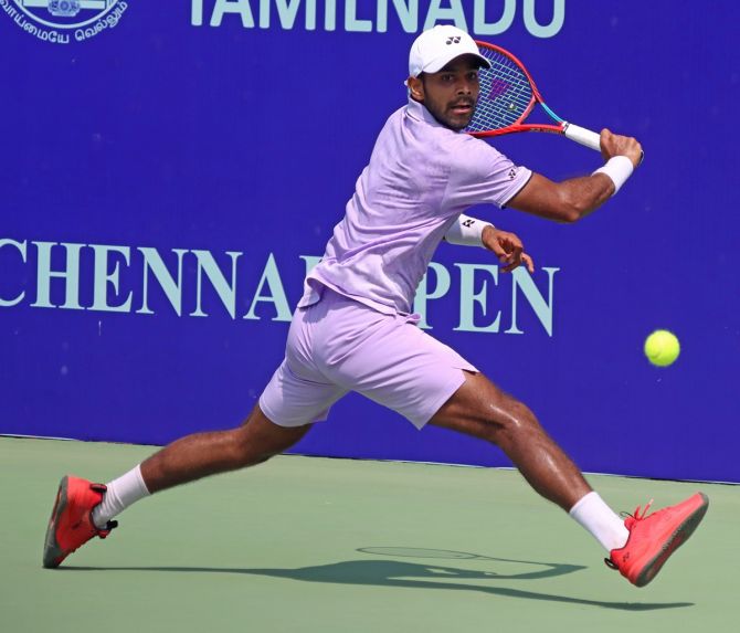 Sumit Nagal in action against Chinese Taipei's Jason Jung during the men's singles pre-quarter-finals at the  ATP Challenger Chennai Open 2023, in Chennai, on Thursday.