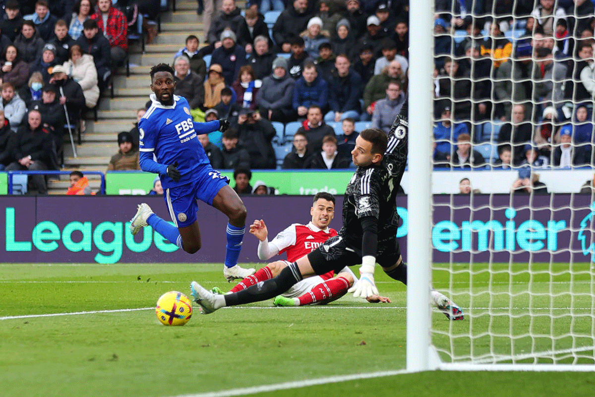 Arsenal's Gabriel Martinelli scores past the Leicester City during their match at The King Power Stadium in Leicester