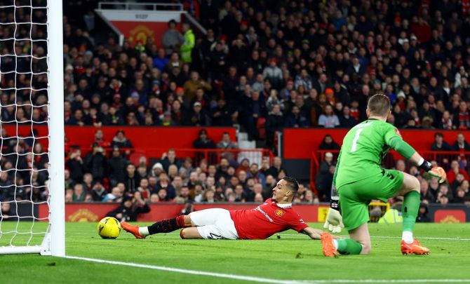 Antony scores Manchester United's opening goal during the FA Cup third round match against Everton, at Old Trafford, Manchester, on Friday.