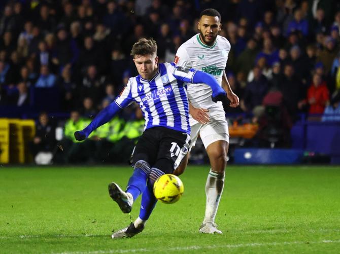 Josh Windass scores Sheffield Wednesday's second goal against Newcastle United, at Hillsborough Stadium, Sheffield.