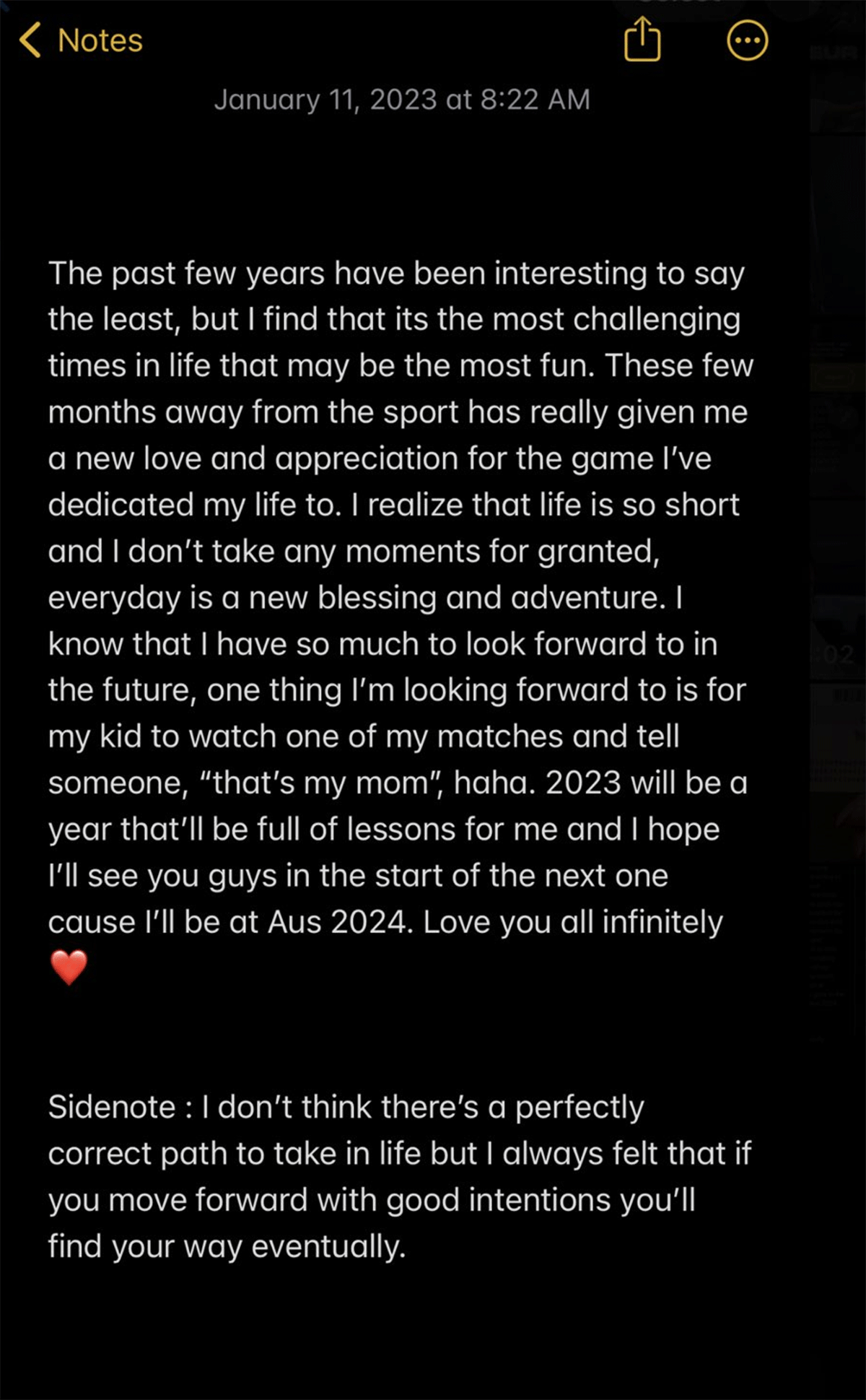 A note from Naomi Osaka announcing her pregnancy