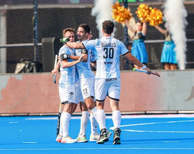 Argentina's players celebrate after Casella Maico scores what turned out to be the match-winner in the men's hockey World Cup opener against South Africa in Bhubaneswar on Friday.