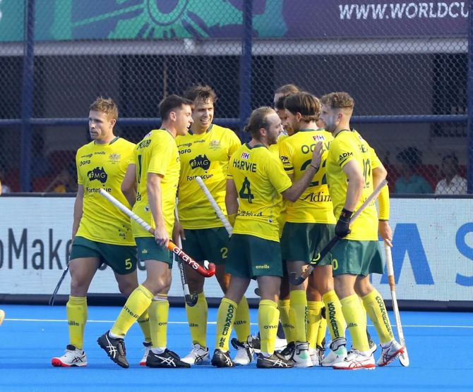 Australia's players celebrate after Tom Craig scores his third goal and the team's seventh during the men's hockey World Cup match against France in Bhubaneswar on Friday.