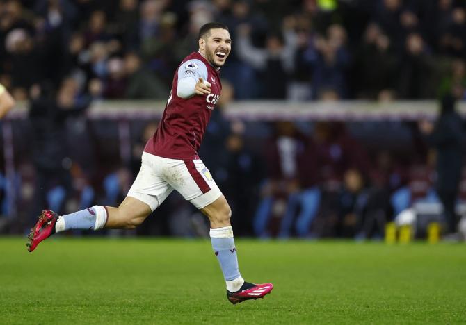 Emiliano Buendia celebrates scoring Aston Villa's second goal during the Premier League match against Aston Villa at Villa Park, Birmingham, on Friday.