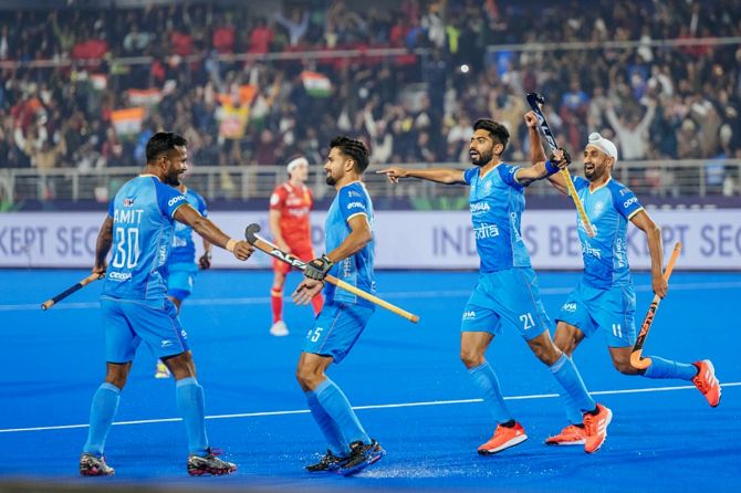 Amit Rohidas celebrates scoring India's opening goal against Spain during the men’s hockey World Cup match, at Birsa Munda International Hockey Stadium, in Rourkela, on Friday. 