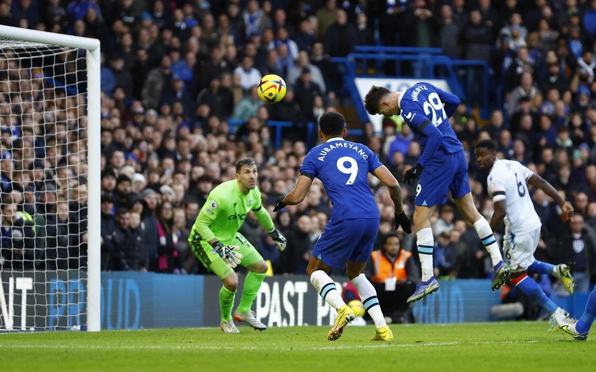 Kai Havertz heads the ball home during the Premier League match against Crystal Palace, at Stamford Bridge, London, on Sunday.