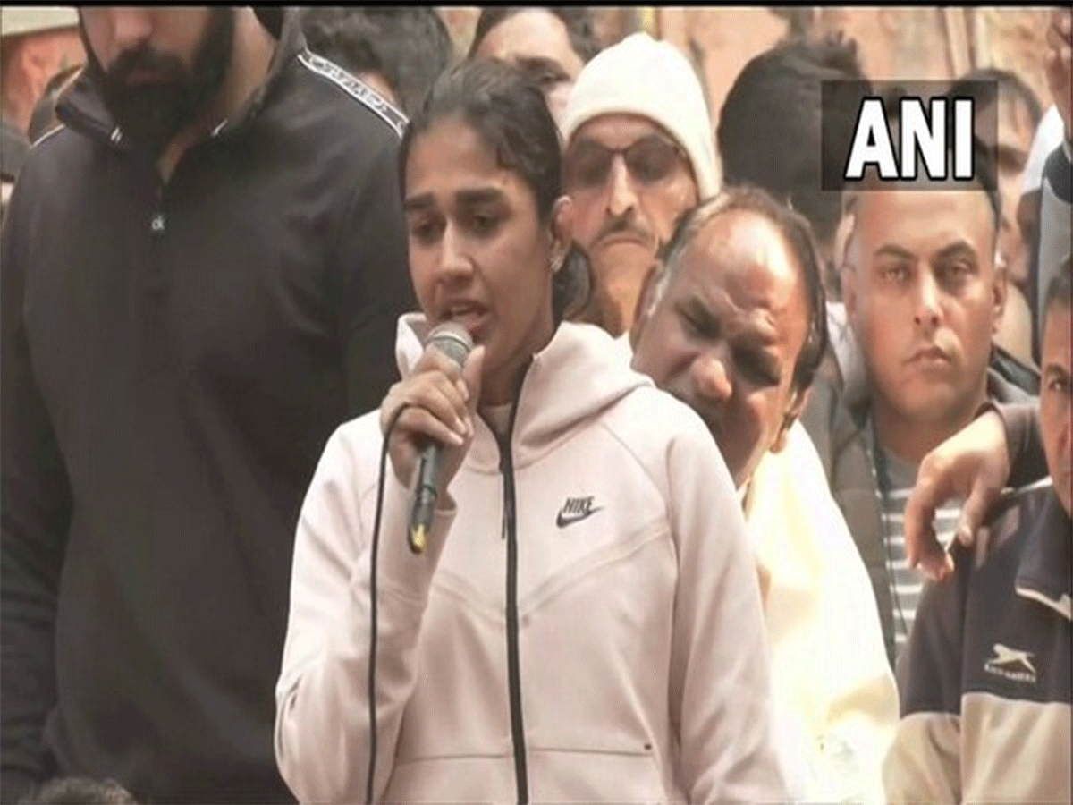 Former wrestler and BJP leader Babita Phogat speaks to protesting wrestlers at Jantar Mantar in New Delhi on Thursday