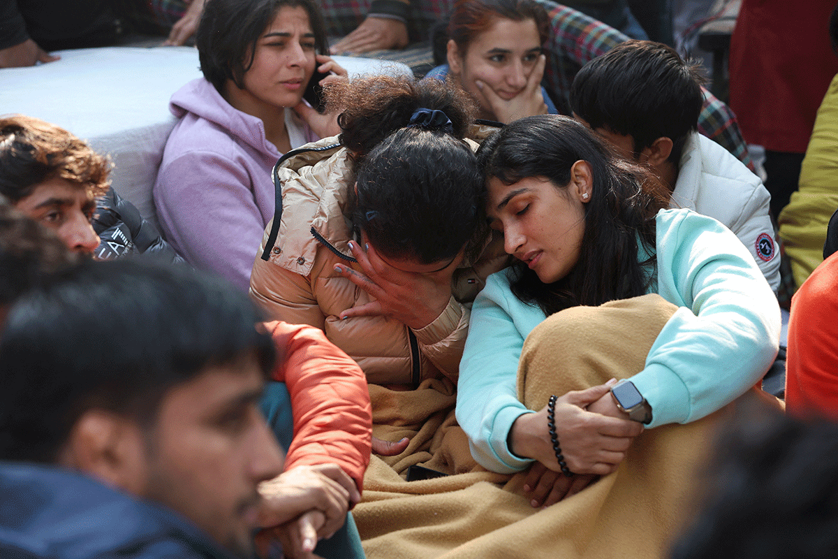 Wrestlers protest at Jantar Mantar in New Delhi on Thursday