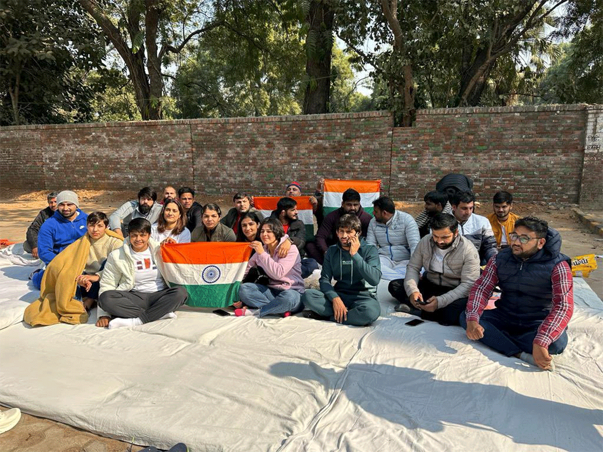 Wrestlers at a sit-in protest at Jantar Mantar on Wednesda