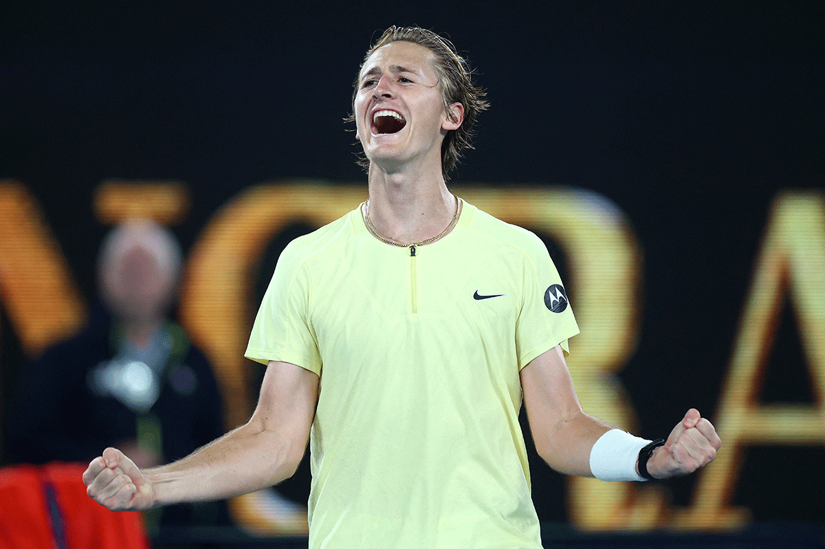 USA's Sebastian Korda celebrates winning his third round match against Russia's Daniil Medvedev