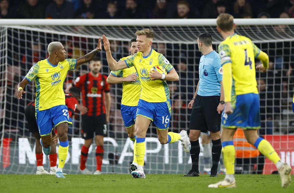 Sam Sturridge celebrates scoring the equaliser for Nottingham Forest against AFC Bournemouth, at Vitality Stadium, Bournemouth.