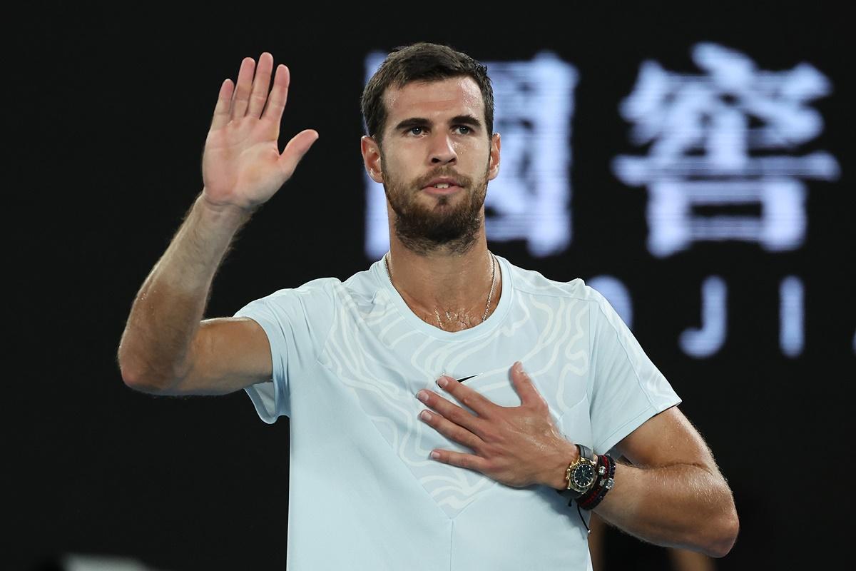 Russia's Karen Khachanov celebrates after winning his quarter-final against Sebastian Korda of the United States at Australian Open, on Tuesday.