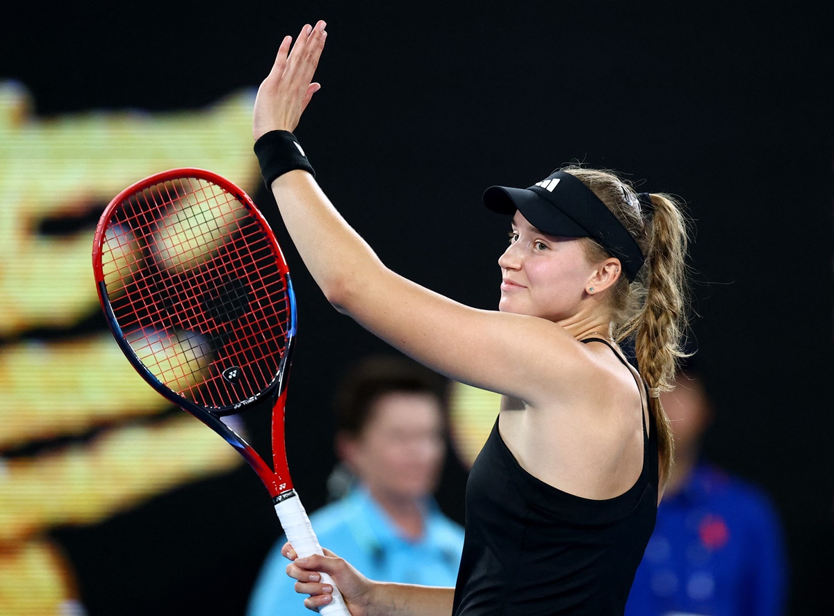 Kazakhstan's Elena Rybakina waves to the stands as she celebrates winning her quarter-final against Latvia's Jelena Ostapenko at the Australian Open, at Melbourne Park, on Tuesday.