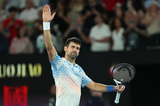 Serbia's Novak Djokovic celebrates victory over Andrey Rublev in the quarter-finals of the Australian Open, at Melbourne Park, on Wednesday.