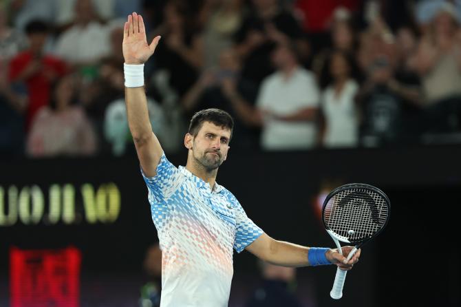 Serbia's Novak Djokovic celebrates victory over Andrey Rublev in the quarter-finals of the Australian Open, at Melbourne Park, on Wednesday.