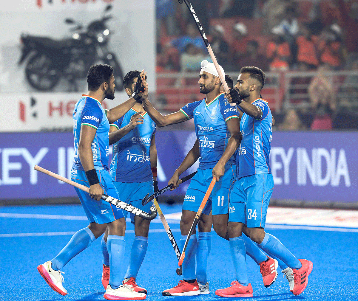 India players celebrate a goal against Spain in their Classification match in Rourkela on Thursday