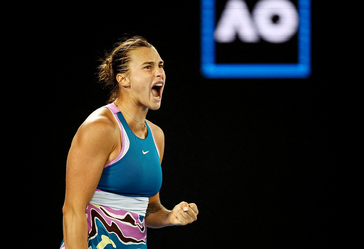 Belarus’ Aryna Sabalenka reacts during her semi-final match against Poland’s Magda Linette