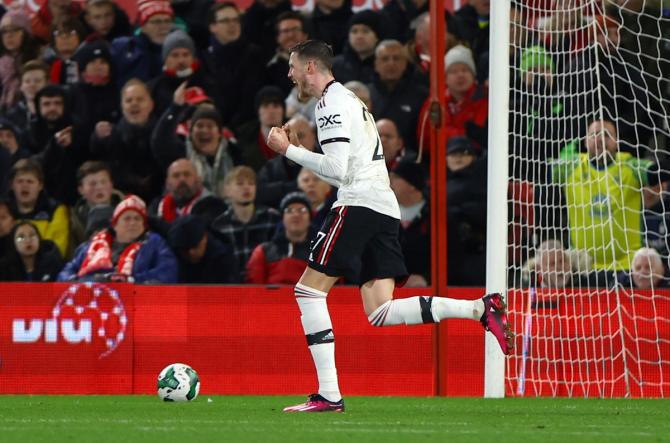 Wout Weghorst celebrates scoring Manchester United's second goal.