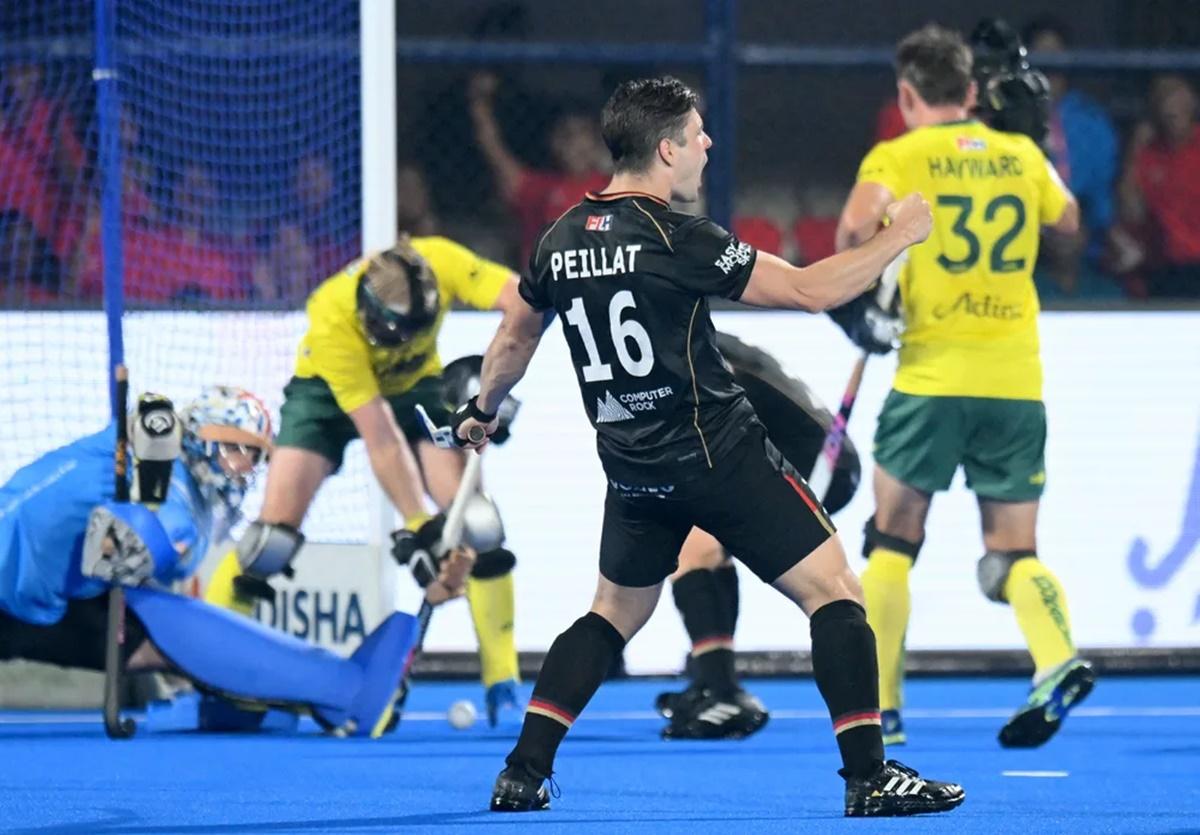 Gonzalo Peillat celebrates scoring from a penalty-corner and completing his hat-trick