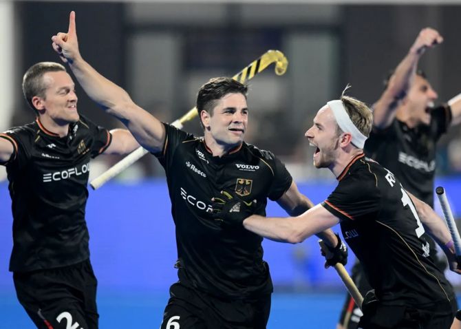 Niklas Wellen celebrates scoring in the dying seconds and taking Germany past Australia in the semi-finals of the men's hockey World Cup in Bhubaneswer on Friday.