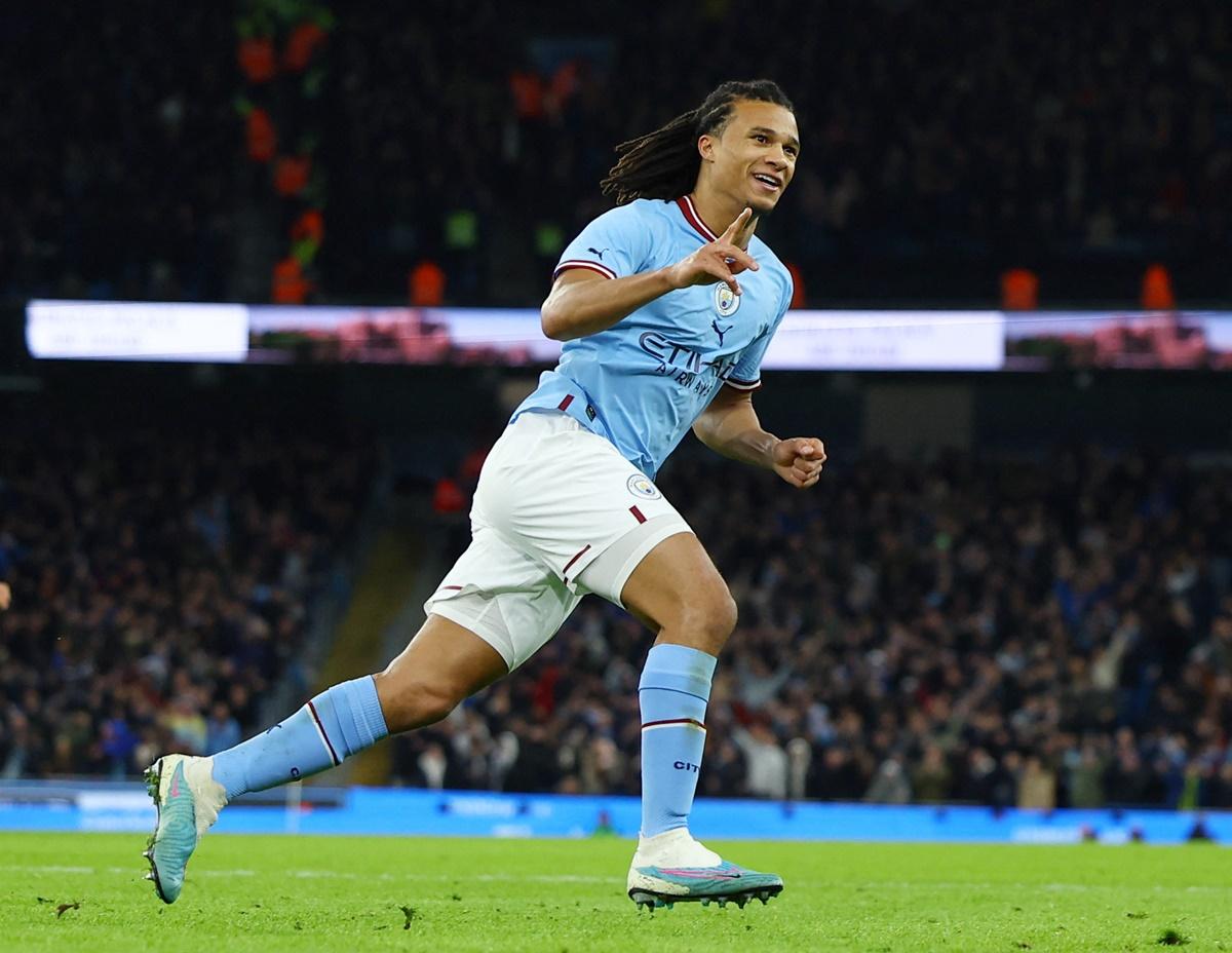 Etihad Stadium, Manchester, Britain - January 27, 2023 Manchester City's Nathan Ake celebrates scoring the only goal of the FA Cup fourth round match against Arsenal, at Etihad Stadium, Manchester, on Friday.