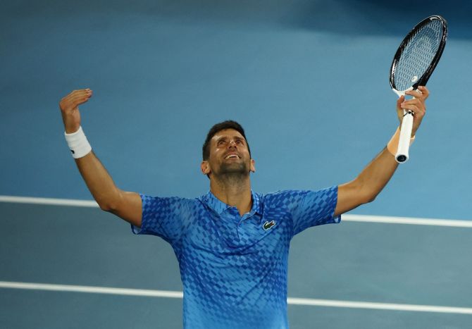 Serbia's Novak Djokovic celebrates victory over Greece's Stefanos Tsitsipas in the men's singles final of the Australian Open, at Melbourne Park, on Sunday.