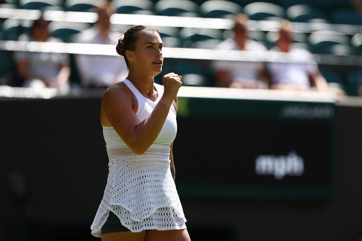 Belarus’ Aryna Sabalenka celebrates winning her second round match against France’s Varvara Gracheva