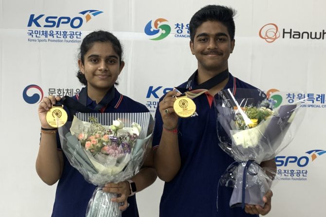 Gautami Bhanot and Abhinav Shaw are all smiles after winning the 10m Air Rifle Mixed Team gold at the ISSF Junior World Championships on Monday