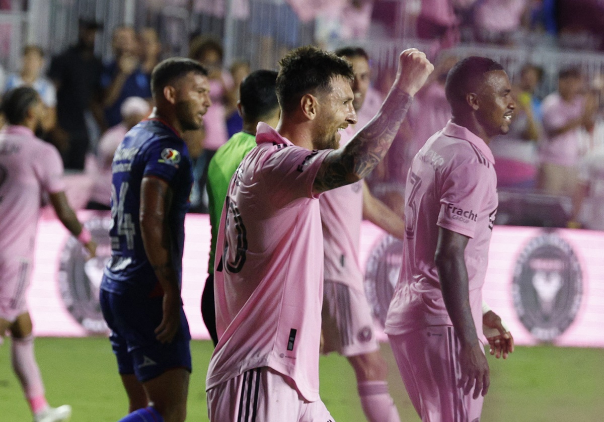 Lionel Messi celebrates scoring Inter Miami's second goal.