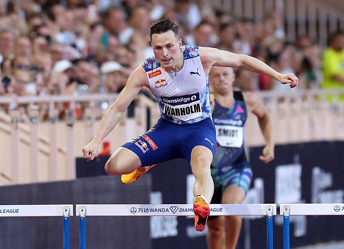 Norway's Karsten Warholm in action during the men's 400m hurdles final.