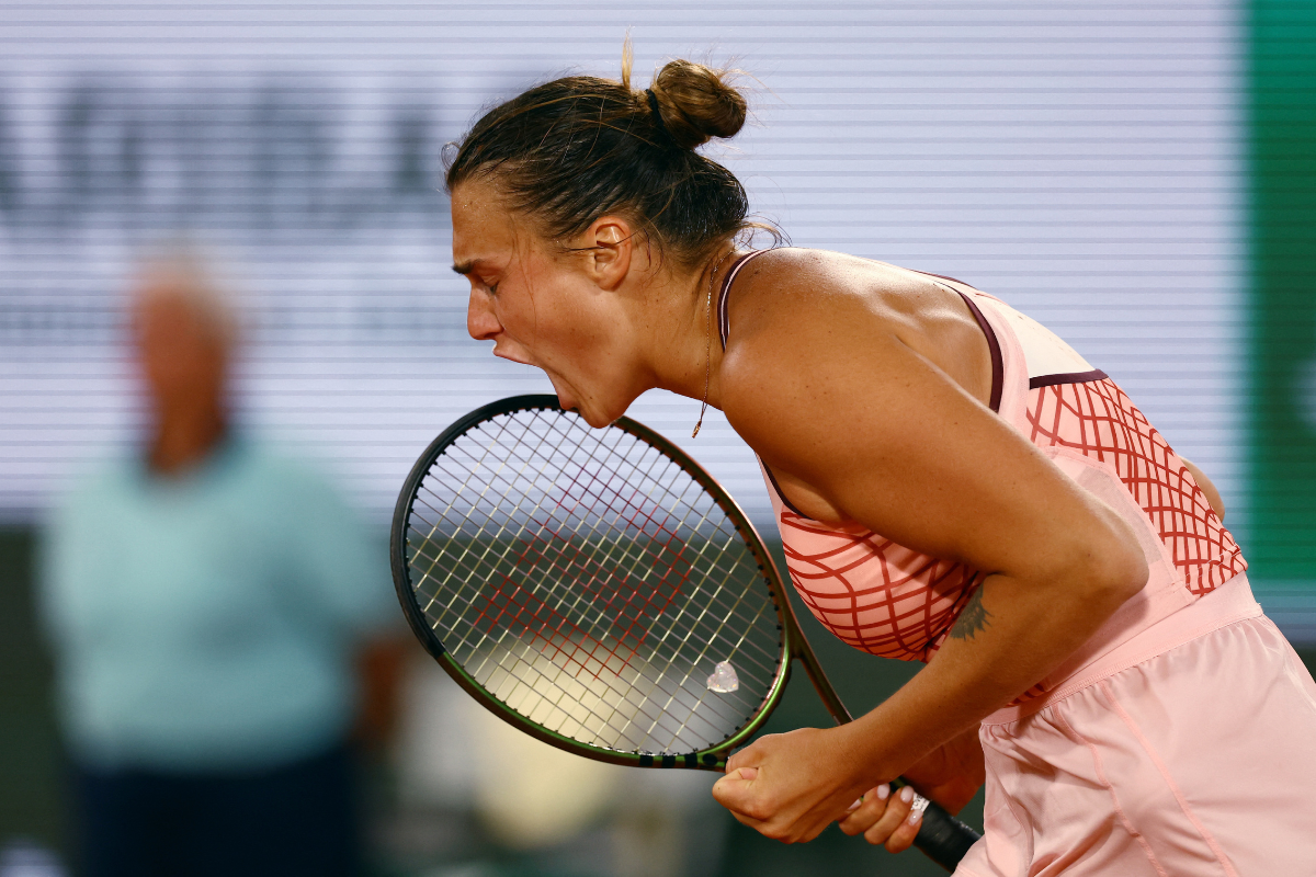 Belarus' Aryna Sabalenka celebrates winning her fourth round match against Sloane Stephens of the US