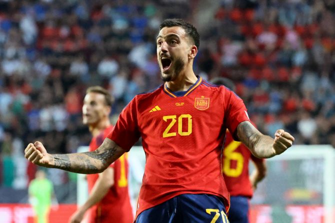 Spain's Joselu celebrates scoring their second goal against Italy in the UEFA Nations League semi-final at De Grolsch Veste, Enschede, Netherlands, on Thursday