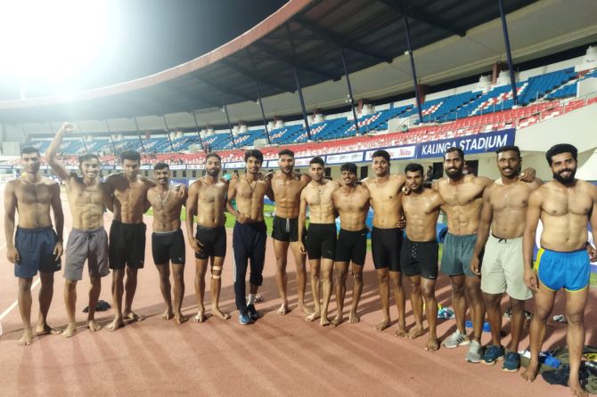 Tejaswin Shankar (centre) with fellow decathletes after the race on Saturday