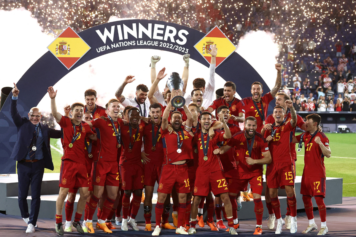 Spain's Jordi Alba lifts the trophy with teammates after winning the UEFA Nations League final at  Feyenoord Stadium, Rotterdam, Netherlands, on Sunday 