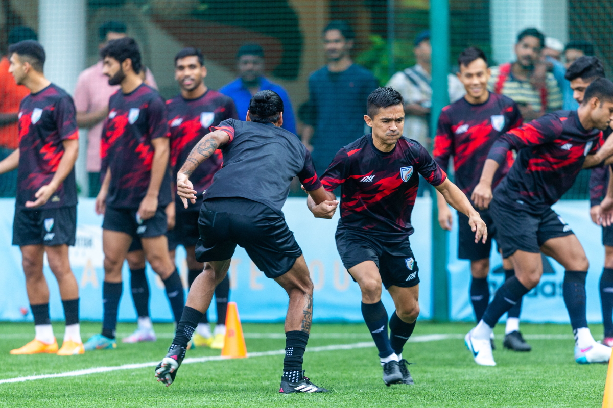 India captain Sunil Chhetri goes through the grind in training on Monday, the eve of India's last league match against Kuwait at the SAFF Championship