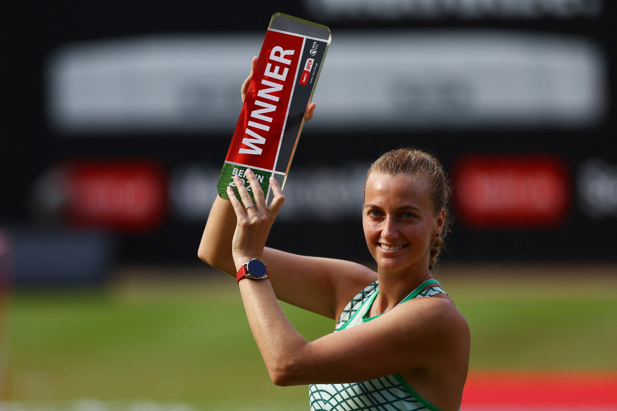 Czech Republic's Petra Kvitova celebrates with the trophy after winning the German Open WTA 500 final match against Croatia's Donna Vekic at Rot-Weiss Tennis Club, Berlin, Germany