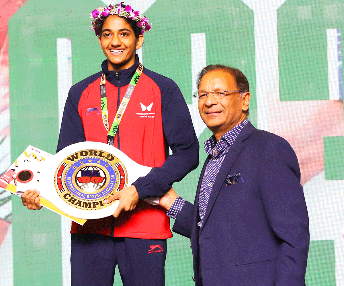 Nitu Ghangas on the podium on winning her 48kg World Championship bout in New Delhi on Saturday