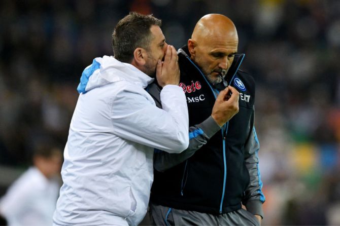 SSC Napoli coach Luciano Spalletti (right) speaks with a member of the backroom staff during their Serie A match between Udinese Calcio and SSC Napoli