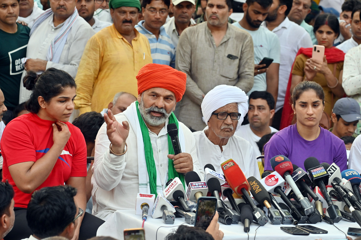 Bharatiya Kisan Union National Spokesperson Rakesh Tikait addressing the media as he comes in support of protesting wrestlers at Jantar Mantar, in New Delhi on Sunday