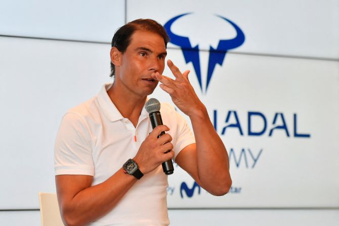 Rafael Nadal speaks at a press briefing in Mallorca, Spain, on Thursday