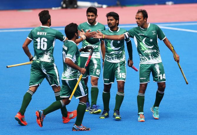 Pakistan's players celebrate a goal