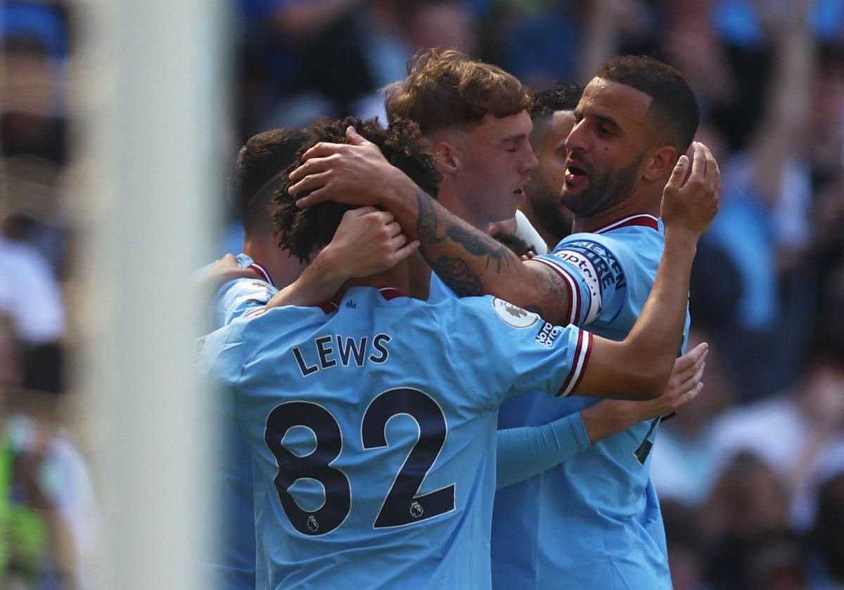 Julian Alvarez celebrates scoring Manchester City's only goal of the match with teammates against Chelsea, at Etihad Stadium, Manchester, on Sunday.