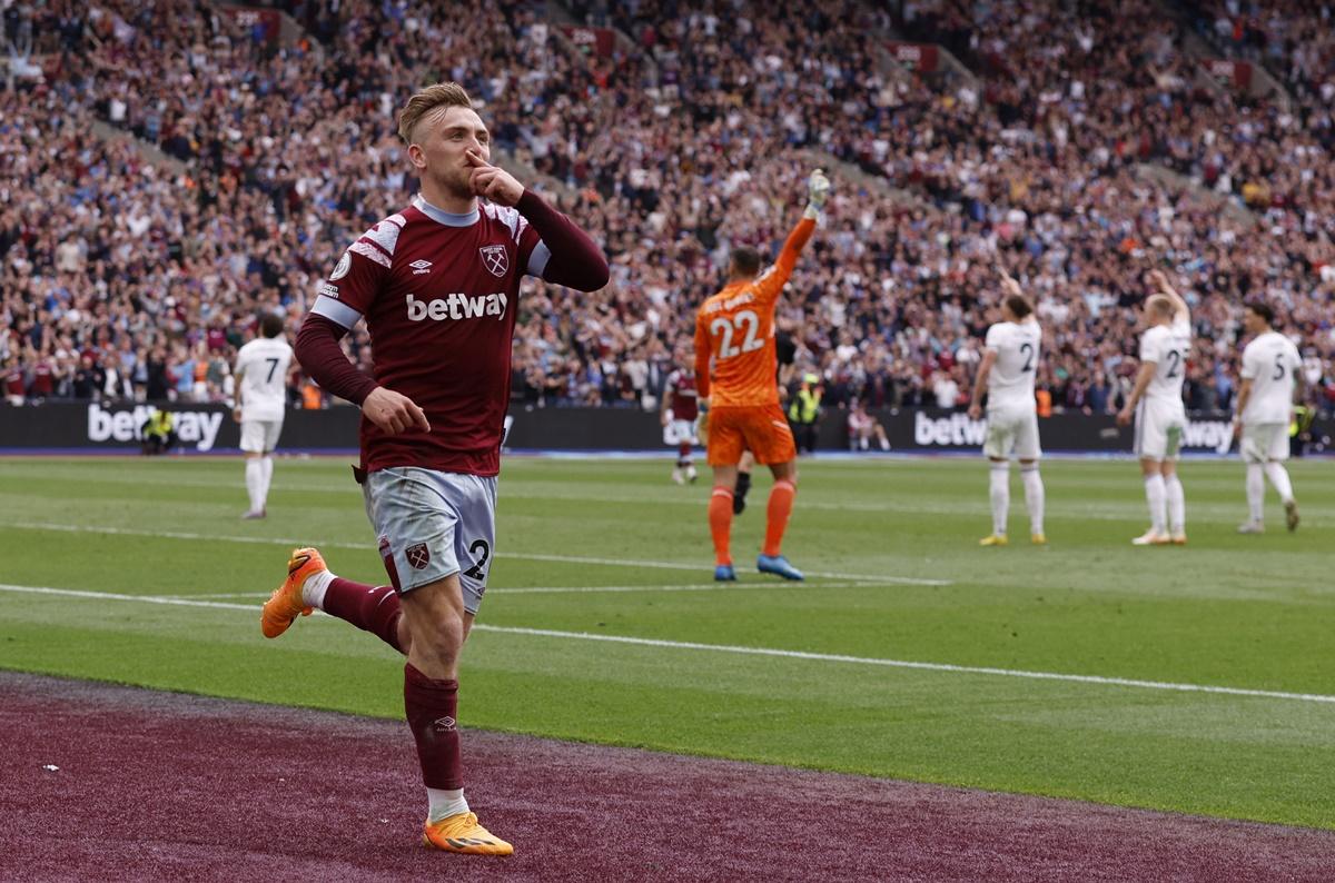 Jarrod Bowen celebrates scoring West Ham United's second goal against Leeds United, at London Stadium.