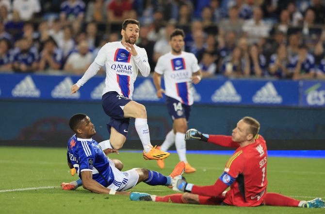 Lionel Messi puts Paris St Germain ahead in the Ligue 1 match against RC Strasbourg, at Stade de la Meinau, Strasbourg, France on Saturday.