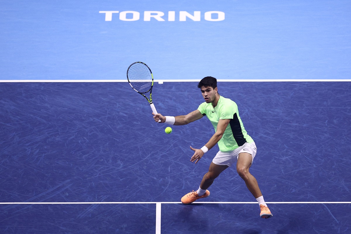 Spain's Carlos Alcaraz in action during his ATP Finals group stage match against Russia's Daniil Medvedev, at Pala Alpitour, Turin, on Friday.