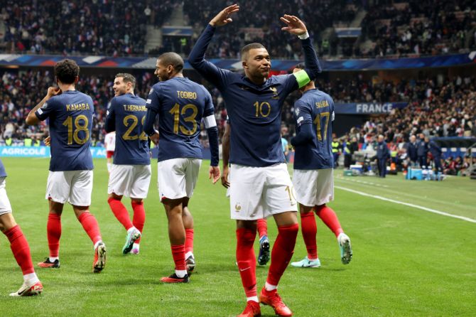 France's Kylian Mbappe celebrates scoring their twelfth goal against Gibraltar during their  Euro 2024 Qualifier Group B match at Allianz Riviera, Nice, France on Saturday 
