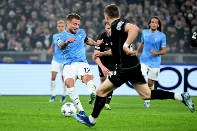 Lazio's Ciro Immobile scores their second goal against Celtic in their Group E match at  Stadio Olimpico, Rome, Italy 